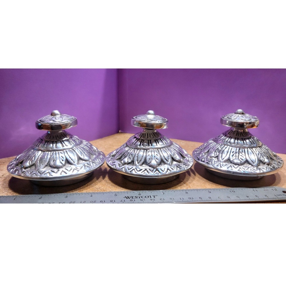 Vintage Pewter Jar Lids Set of 3 Embossed Floral Mexican Metalwork 3.5 Inch